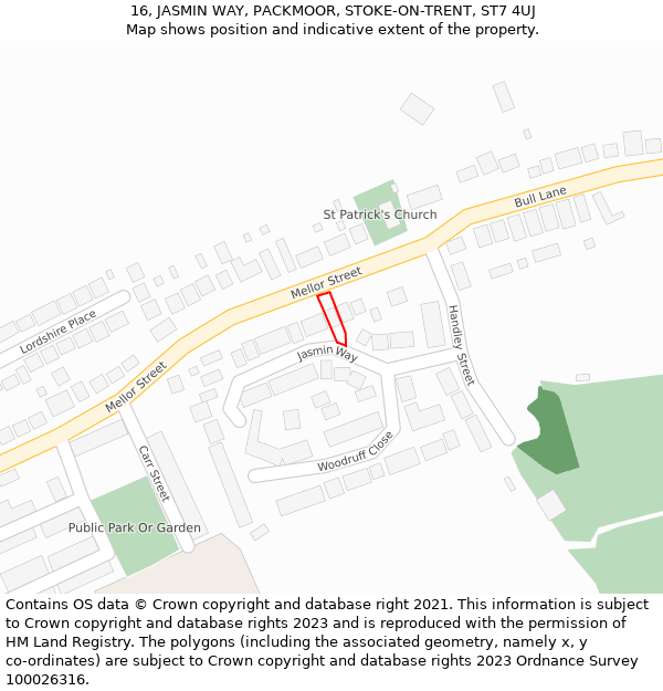 16, JASMIN WAY, PACKMOOR, STOKE-ON-TRENT, ST7 4UJ: Location map and indicative extent of plot
