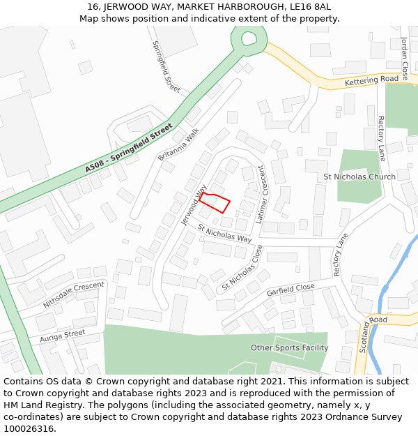 16, JERWOOD WAY, MARKET HARBOROUGH, LE16 8AL: Location map and indicative extent of plot
