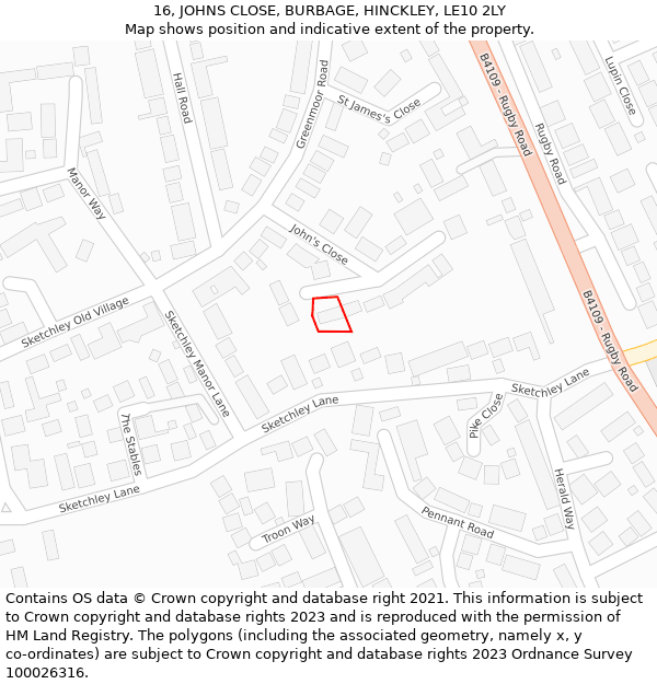 16, JOHNS CLOSE, BURBAGE, HINCKLEY, LE10 2LY: Location map and indicative extent of plot