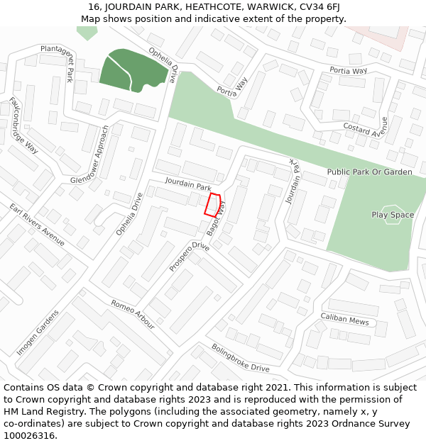 16, JOURDAIN PARK, HEATHCOTE, WARWICK, CV34 6FJ: Location map and indicative extent of plot