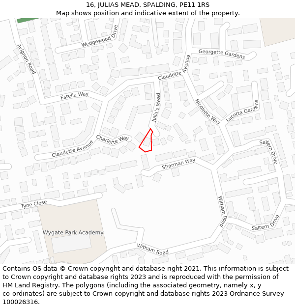 16, JULIAS MEAD, SPALDING, PE11 1RS: Location map and indicative extent of plot