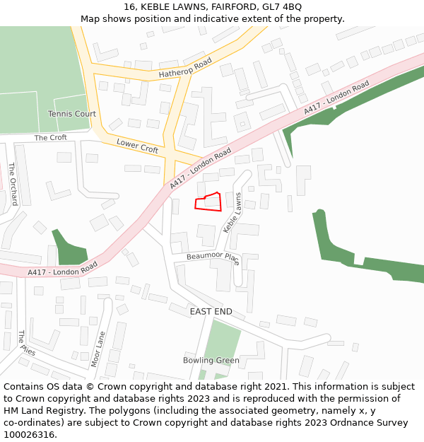 16, KEBLE LAWNS, FAIRFORD, GL7 4BQ: Location map and indicative extent of plot