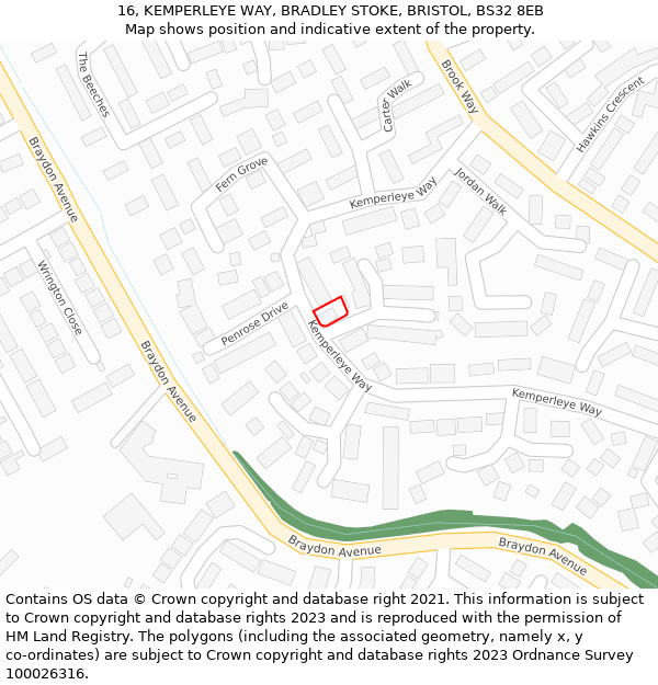 16, KEMPERLEYE WAY, BRADLEY STOKE, BRISTOL, BS32 8EB: Location map and indicative extent of plot