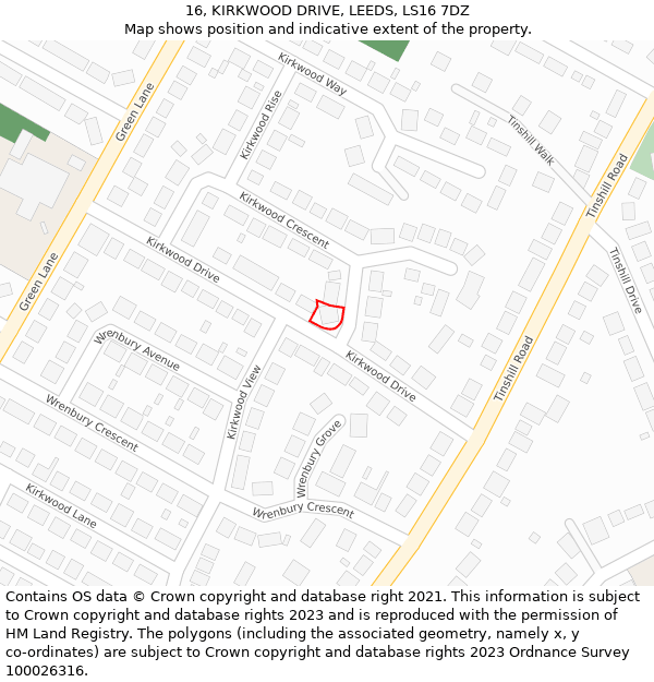 16, KIRKWOOD DRIVE, LEEDS, LS16 7DZ: Location map and indicative extent of plot