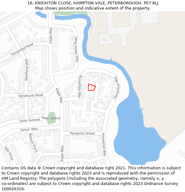 16, KNIGHTON CLOSE, HAMPTON VALE, PETERBOROUGH, PE7 8LJ: Location map and indicative extent of plot