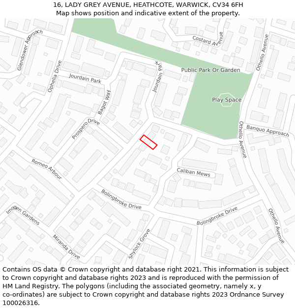 16, LADY GREY AVENUE, HEATHCOTE, WARWICK, CV34 6FH: Location map and indicative extent of plot