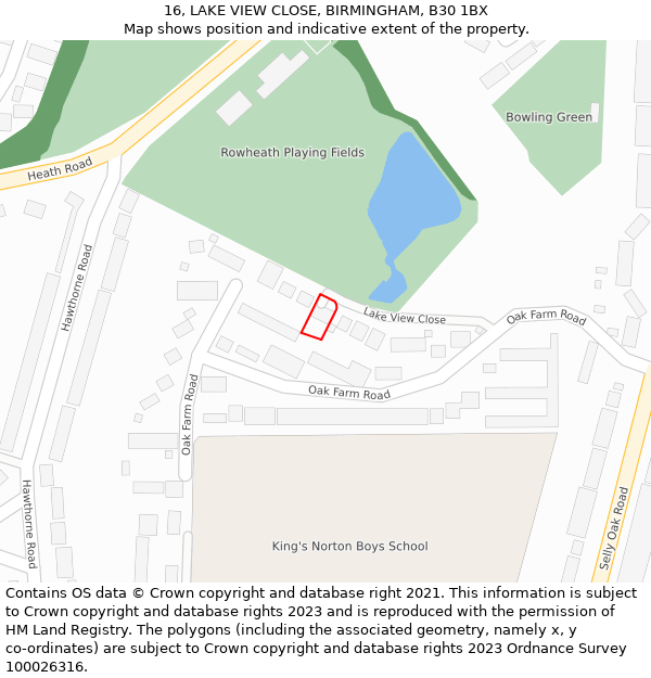 16, LAKE VIEW CLOSE, BIRMINGHAM, B30 1BX: Location map and indicative extent of plot