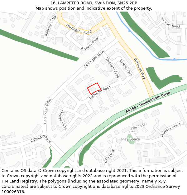 16, LAMPETER ROAD, SWINDON, SN25 2BP: Location map and indicative extent of plot