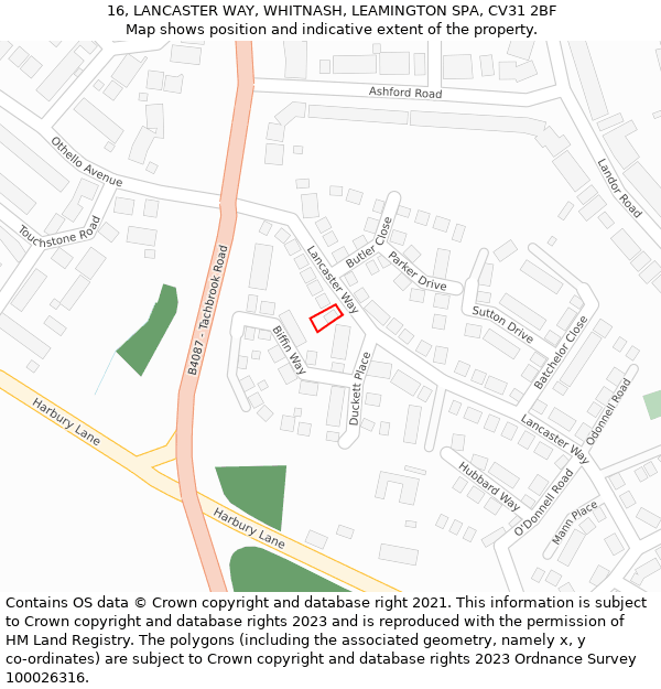 16, LANCASTER WAY, WHITNASH, LEAMINGTON SPA, CV31 2BF: Location map and indicative extent of plot