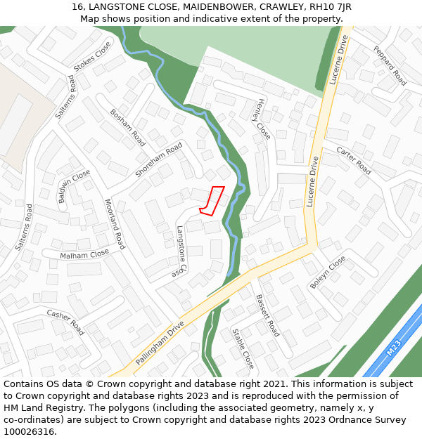 16, LANGSTONE CLOSE, MAIDENBOWER, CRAWLEY, RH10 7JR: Location map and indicative extent of plot