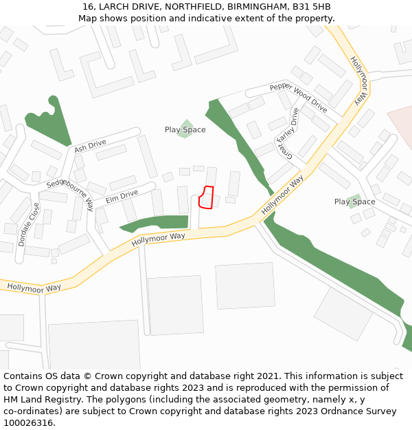 16, LARCH DRIVE, NORTHFIELD, BIRMINGHAM, B31 5HB: Location map and indicative extent of plot