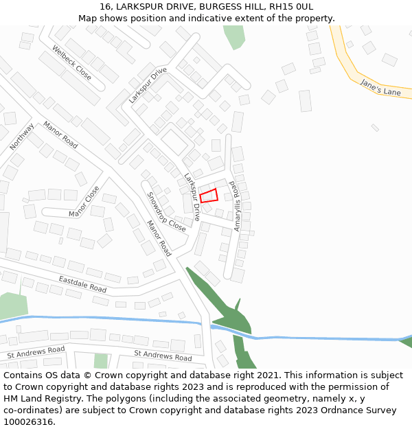 16, LARKSPUR DRIVE, BURGESS HILL, RH15 0UL: Location map and indicative extent of plot