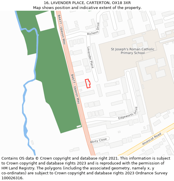 16, LAVENDER PLACE, CARTERTON, OX18 3XR: Location map and indicative extent of plot