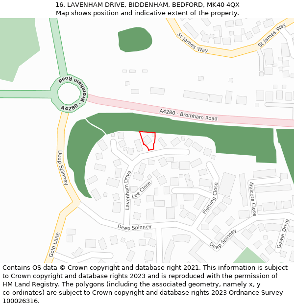 16, LAVENHAM DRIVE, BIDDENHAM, BEDFORD, MK40 4QX: Location map and indicative extent of plot