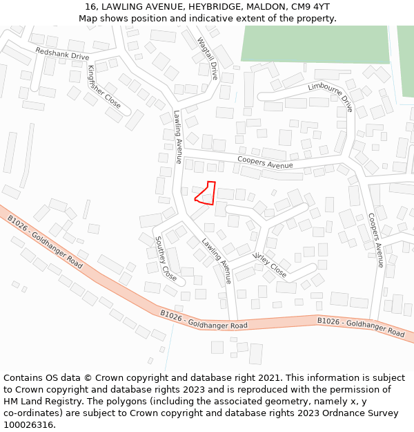 16, LAWLING AVENUE, HEYBRIDGE, MALDON, CM9 4YT: Location map and indicative extent of plot