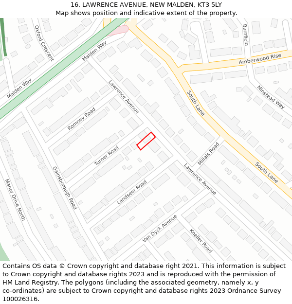 16, LAWRENCE AVENUE, NEW MALDEN, KT3 5LY: Location map and indicative extent of plot