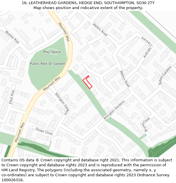 16, LEATHERHEAD GARDENS, HEDGE END, SOUTHAMPTON, SO30 2TY: Location map and indicative extent of plot