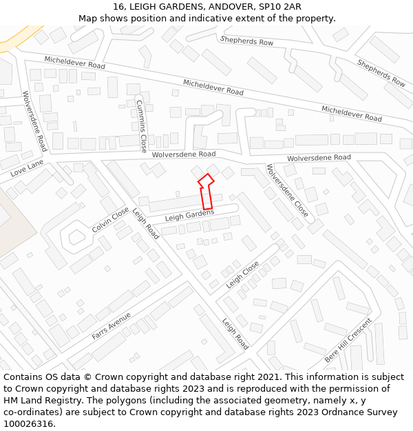 16, LEIGH GARDENS, ANDOVER, SP10 2AR: Location map and indicative extent of plot