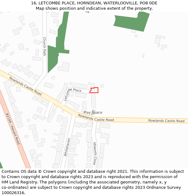 16, LETCOMBE PLACE, HORNDEAN, WATERLOOVILLE, PO8 0DE: Location map and indicative extent of plot