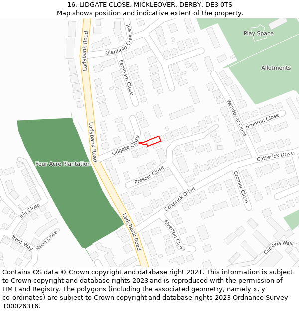 16, LIDGATE CLOSE, MICKLEOVER, DERBY, DE3 0TS: Location map and indicative extent of plot