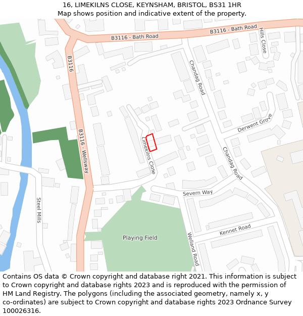 16, LIMEKILNS CLOSE, KEYNSHAM, BRISTOL, BS31 1HR: Location map and indicative extent of plot