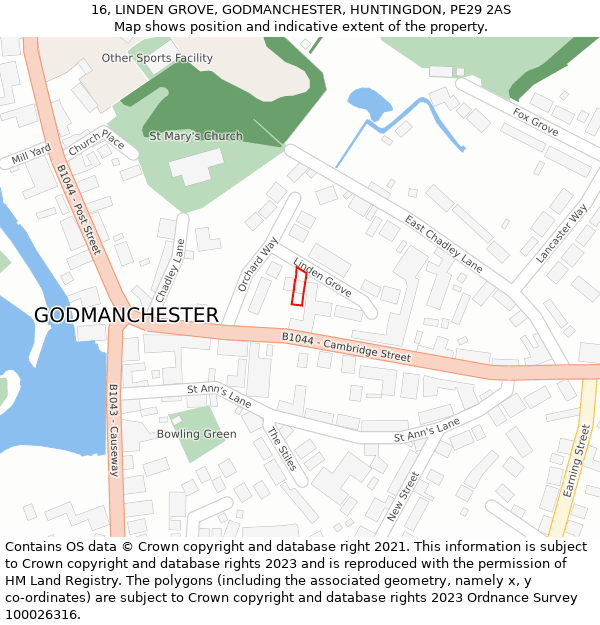 16, LINDEN GROVE, GODMANCHESTER, HUNTINGDON, PE29 2AS: Location map and indicative extent of plot