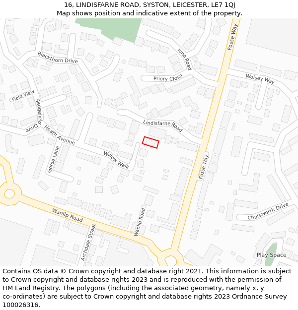 16, LINDISFARNE ROAD, SYSTON, LEICESTER, LE7 1QJ: Location map and indicative extent of plot