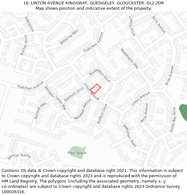 16, LINTON AVENUE KINGSWAY, QUEDGELEY, GLOUCESTER, GL2 2DR: Location map and indicative extent of plot