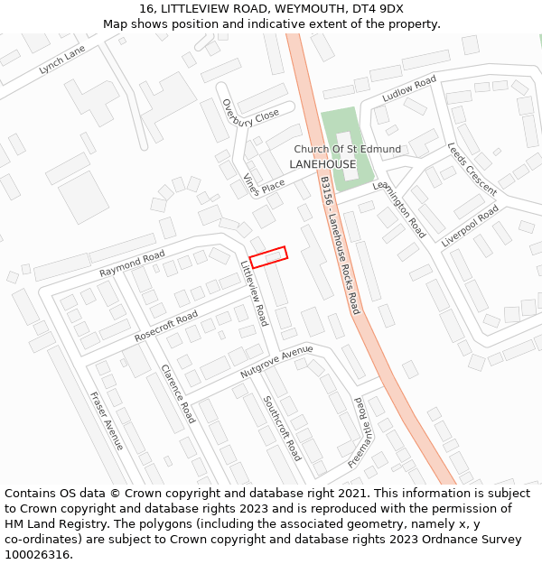 16, LITTLEVIEW ROAD, WEYMOUTH, DT4 9DX: Location map and indicative extent of plot