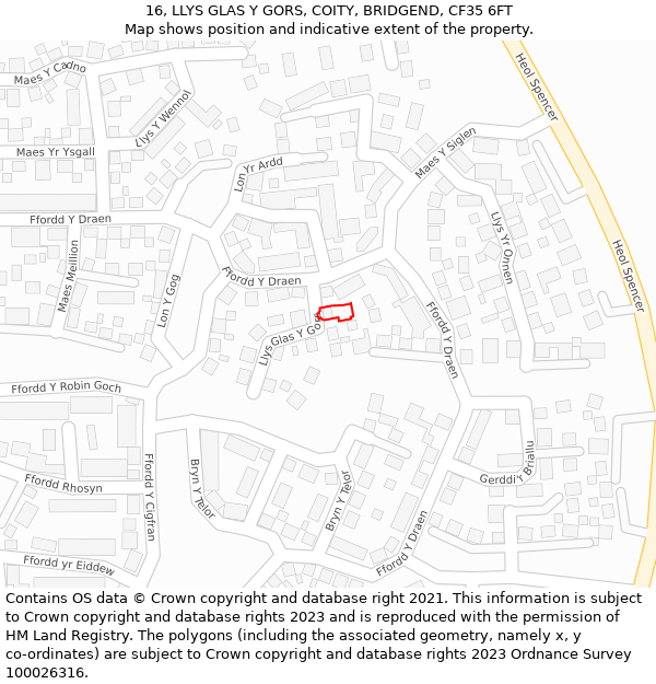 16, LLYS GLAS Y GORS, COITY, BRIDGEND, CF35 6FT: Location map and indicative extent of plot