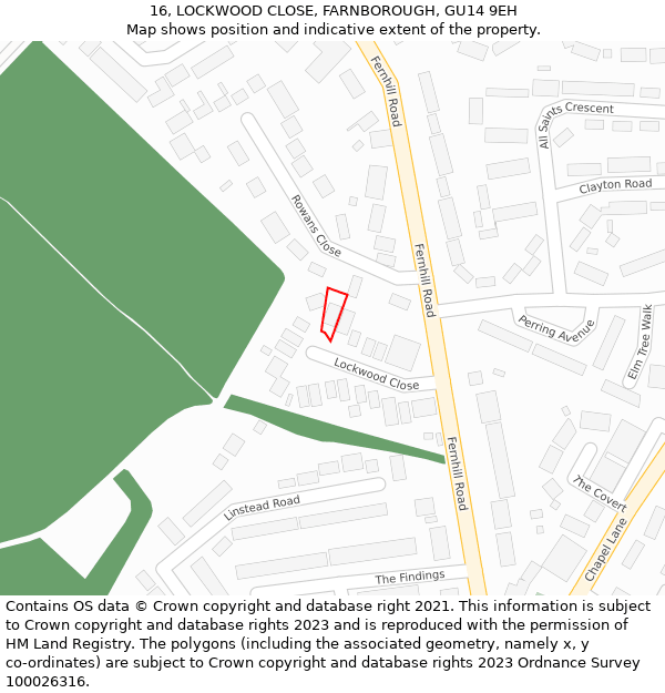 16, LOCKWOOD CLOSE, FARNBOROUGH, GU14 9EH: Location map and indicative extent of plot