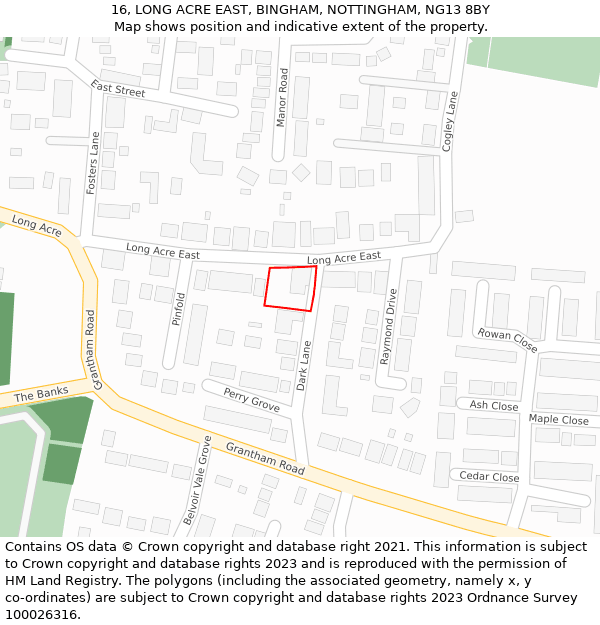 16, LONG ACRE EAST, BINGHAM, NOTTINGHAM, NG13 8BY: Location map and indicative extent of plot