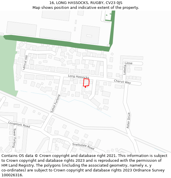 16, LONG HASSOCKS, RUGBY, CV23 0JS: Location map and indicative extent of plot