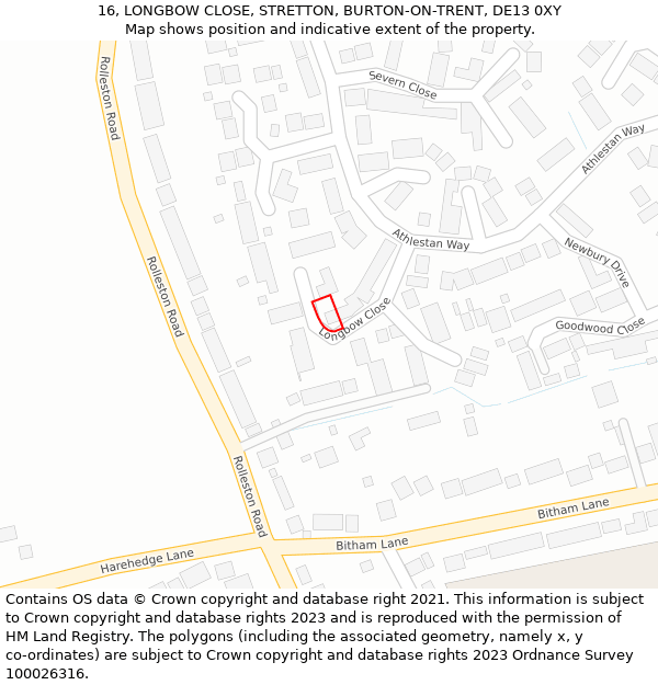 16, LONGBOW CLOSE, STRETTON, BURTON-ON-TRENT, DE13 0XY: Location map and indicative extent of plot