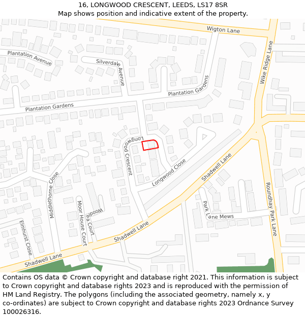 16, LONGWOOD CRESCENT, LEEDS, LS17 8SR: Location map and indicative extent of plot