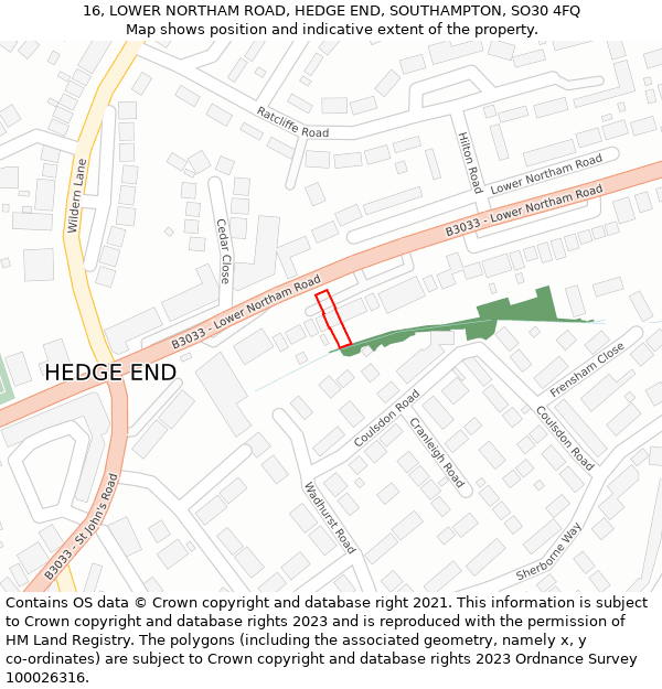 16, LOWER NORTHAM ROAD, HEDGE END, SOUTHAMPTON, SO30 4FQ: Location map and indicative extent of plot