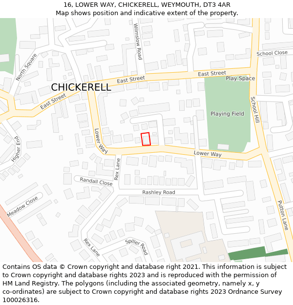 16, LOWER WAY, CHICKERELL, WEYMOUTH, DT3 4AR: Location map and indicative extent of plot