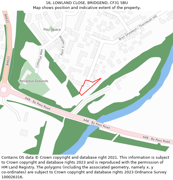 16, LOWLAND CLOSE, BRIDGEND, CF31 5BU: Location map and indicative extent of plot
