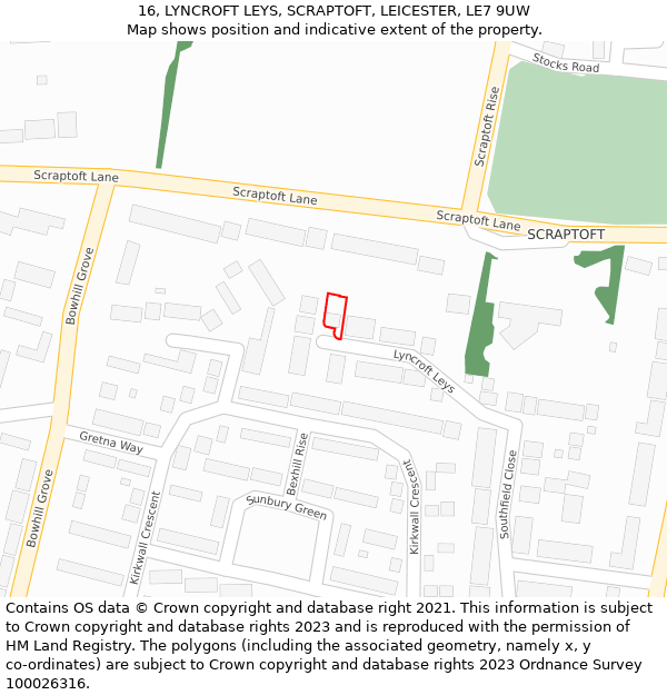 16, LYNCROFT LEYS, SCRAPTOFT, LEICESTER, LE7 9UW: Location map and indicative extent of plot