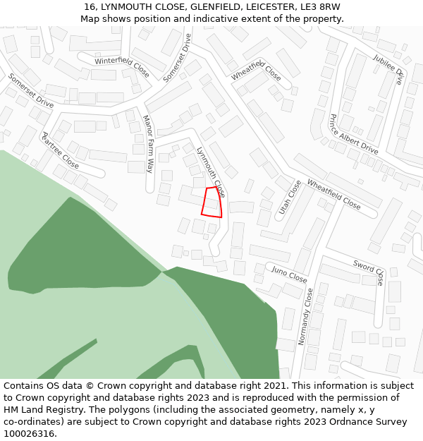 16, LYNMOUTH CLOSE, GLENFIELD, LEICESTER, LE3 8RW: Location map and indicative extent of plot