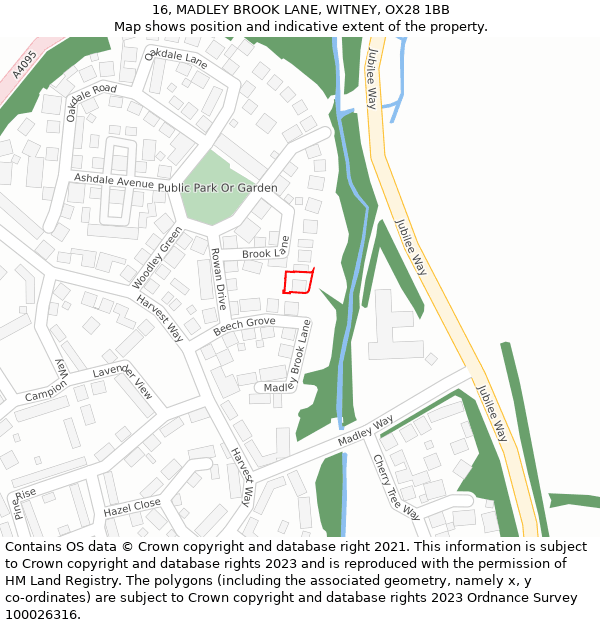 16, MADLEY BROOK LANE, WITNEY, OX28 1BB: Location map and indicative extent of plot