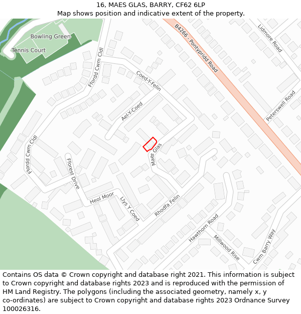 16, MAES GLAS, BARRY, CF62 6LP: Location map and indicative extent of plot