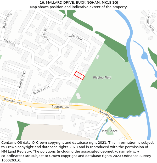 16, MALLARD DRIVE, BUCKINGHAM, MK18 1GJ: Location map and indicative extent of plot