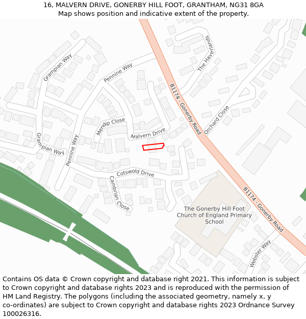 16, MALVERN DRIVE, GONERBY HILL FOOT, GRANTHAM, NG31 8GA: Location map and indicative extent of plot