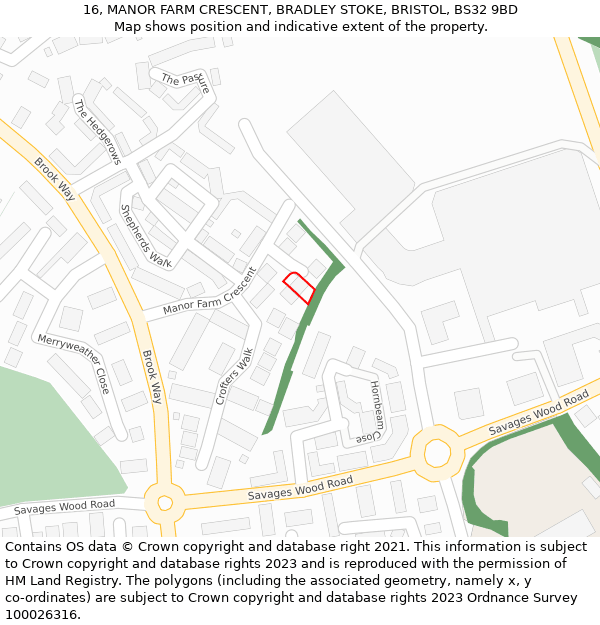 16, MANOR FARM CRESCENT, BRADLEY STOKE, BRISTOL, BS32 9BD: Location map and indicative extent of plot