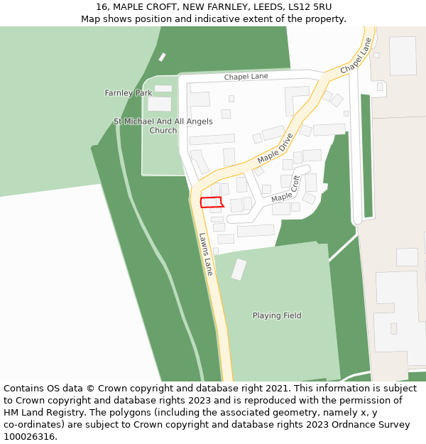 16, MAPLE CROFT, NEW FARNLEY, LEEDS, LS12 5RU: Location map and indicative extent of plot