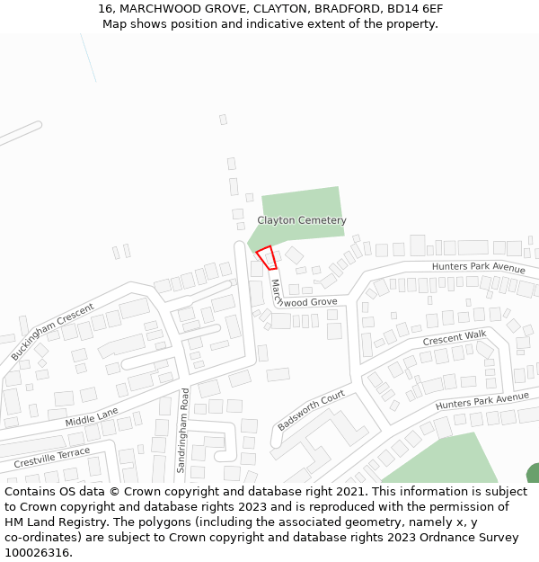 16, MARCHWOOD GROVE, CLAYTON, BRADFORD, BD14 6EF: Location map and indicative extent of plot