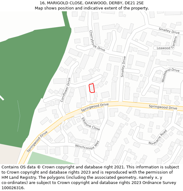 16, MARIGOLD CLOSE, OAKWOOD, DERBY, DE21 2SE: Location map and indicative extent of plot