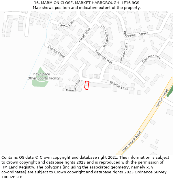 16, MARMION CLOSE, MARKET HARBOROUGH, LE16 9GS: Location map and indicative extent of plot