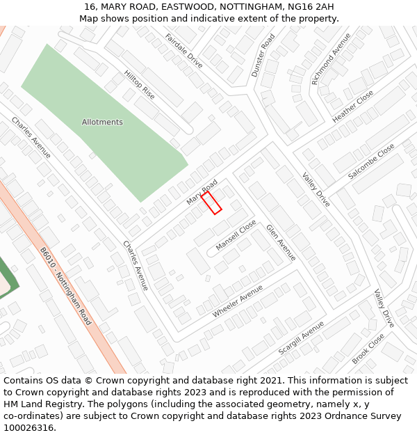 16, MARY ROAD, EASTWOOD, NOTTINGHAM, NG16 2AH: Location map and indicative extent of plot